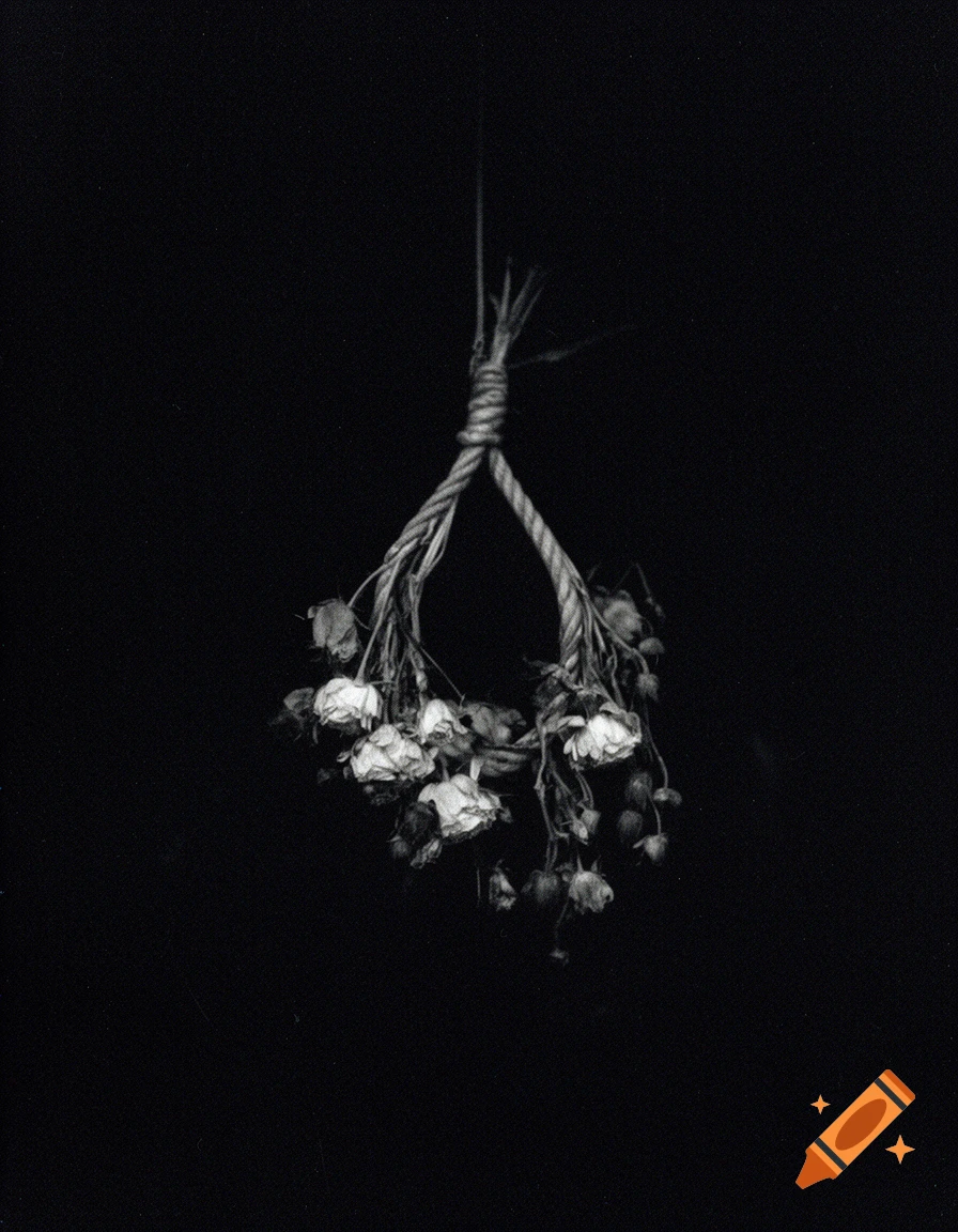 A black and white image shows a floral noose made of withered flowers and rope, hanging against a dark void background.