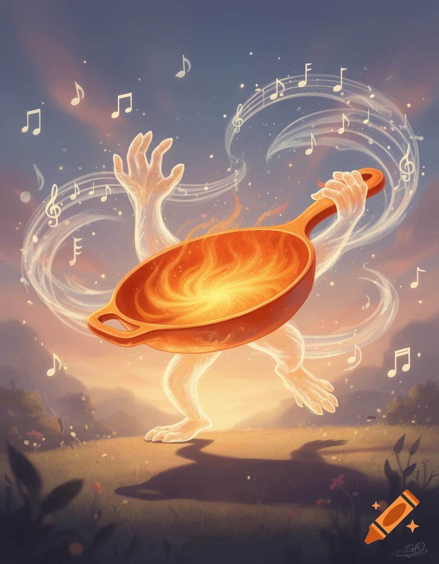 A whimsical, orange cooking pan with fire inside, ethereal arms, and legs dances outdoors at sunset amidst floating musical notes.