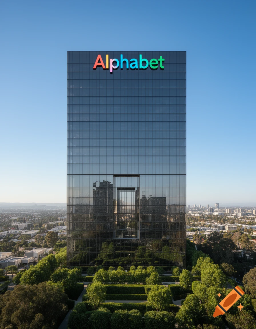 A modern glass skyscraper with a colorful 'Alphabet' logo on top, surrounded by green trees and a city skyline.