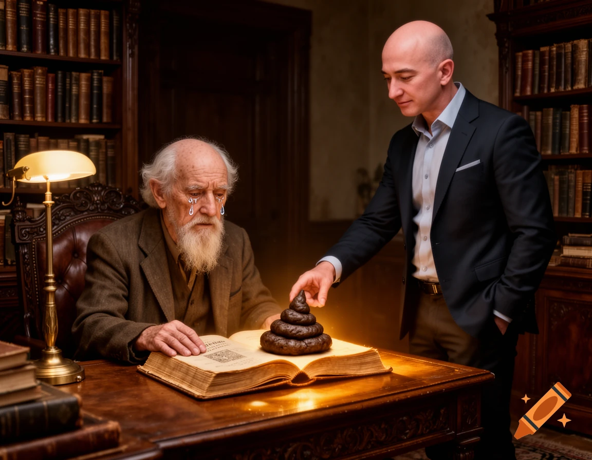 Jeff Bezos places a pile of glowing poop on an open book, as a long-bearded old man resembling J.R.R. Tolkien cries in a grand library.