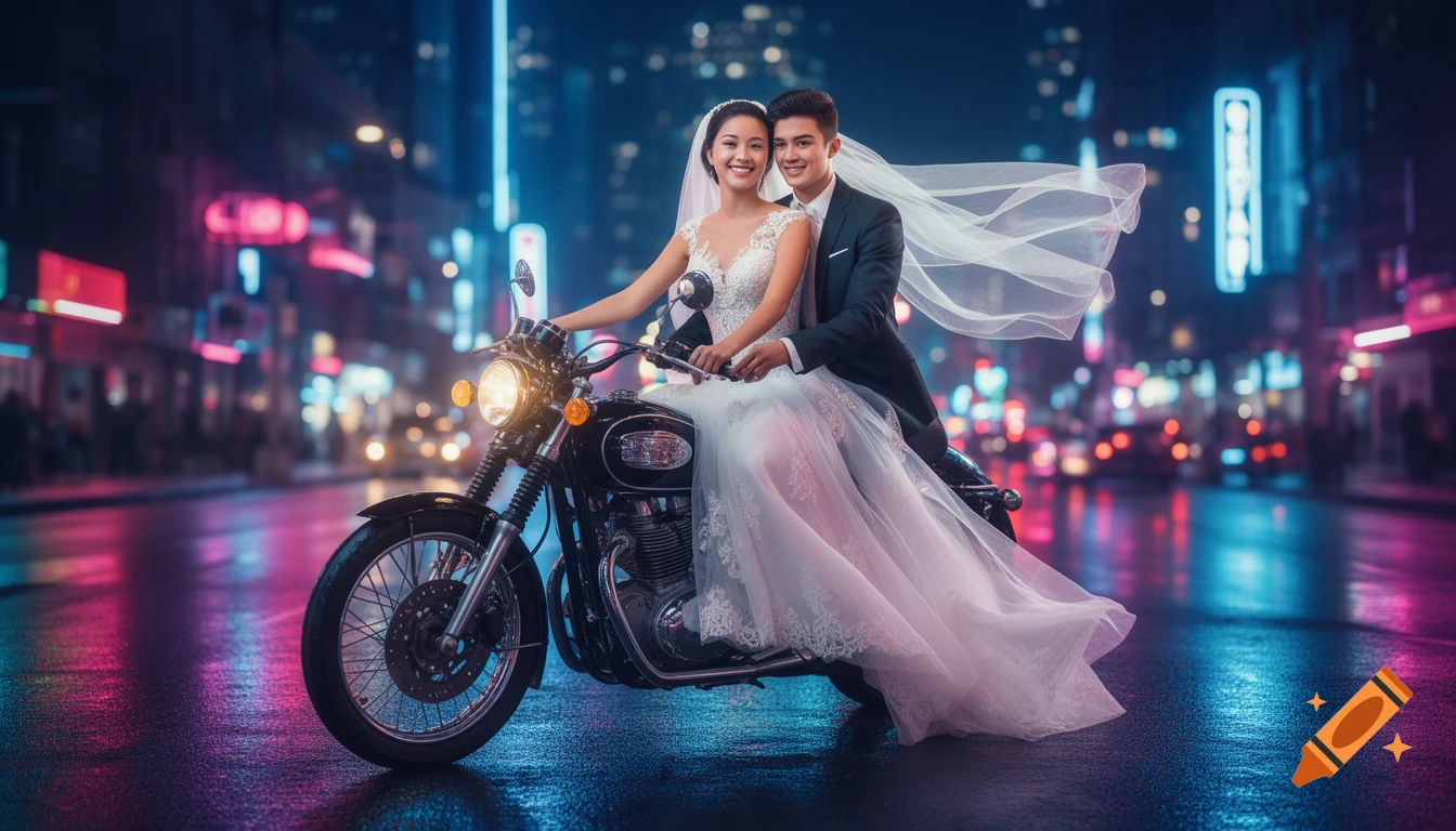 A smiling married couple on a retro black and chrome motorcycle on a wet city street at night, illuminated by vibrant neon lights.