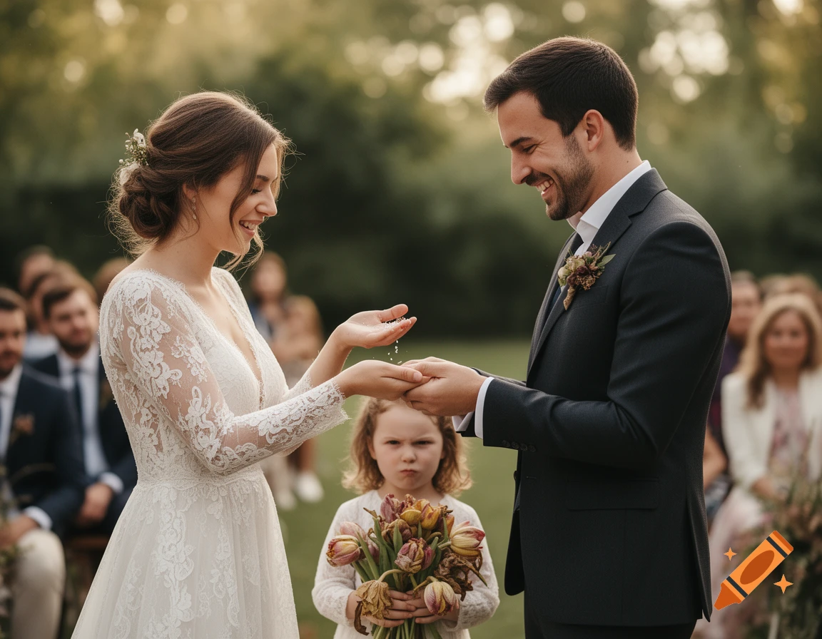 Smiling bride and groom exchange vows, holding salt, as a pouting flower girl holds wilting tulips at an outdoor wedding.