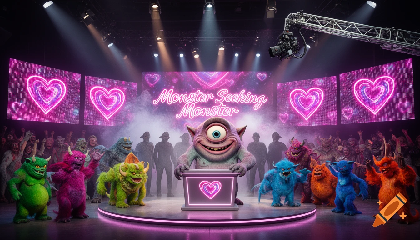 A vibrant game show scene with colorful monsters on a stage, a cyclops monster at a podium, and a screen displaying 'Monster Seeking Monster' with neon hearts.