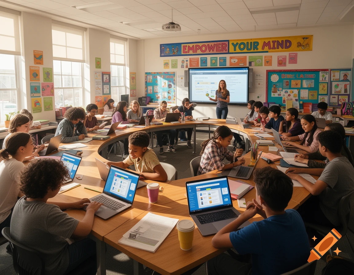 Diverse students in a modern classroom, seated around a large horseshoe-shaped desk, using laptops while a teacher stands by a large screen.