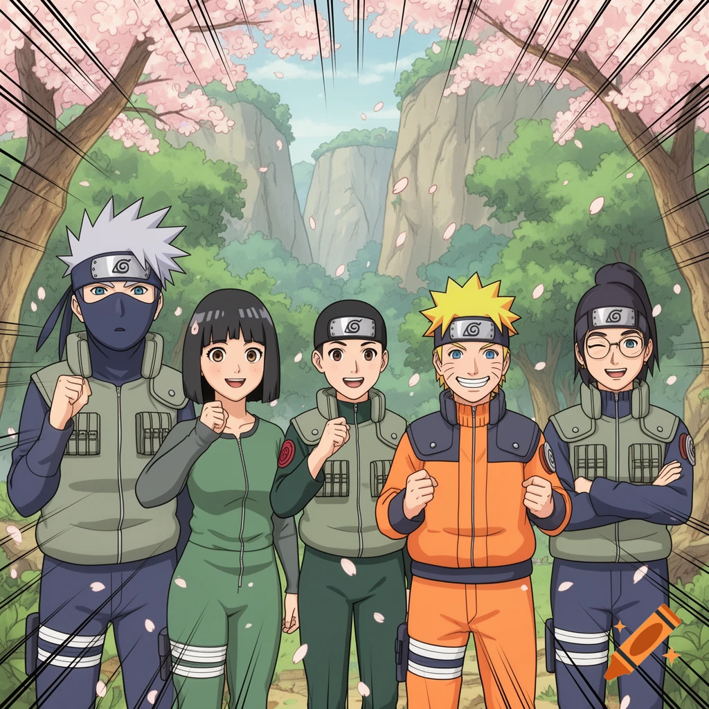 Anime group portrait of five characters, including Naruto and Kakashi, on a cherry blossom path with mountains.