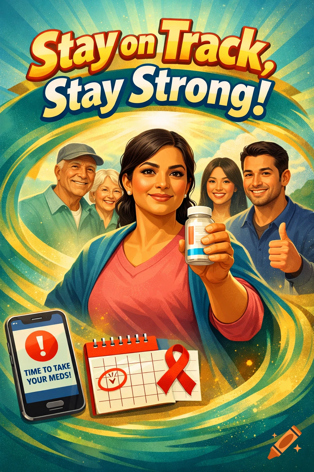 A colorful digital poster with the slogan "Stay on Track, Stay Strong!". A woman holds a medicine bottle, surrounded by diverse smiling people. A phone displays "TIME TO TAKE YOUR MEDS!" and a calendar shows a checked date and a red ribbon.
