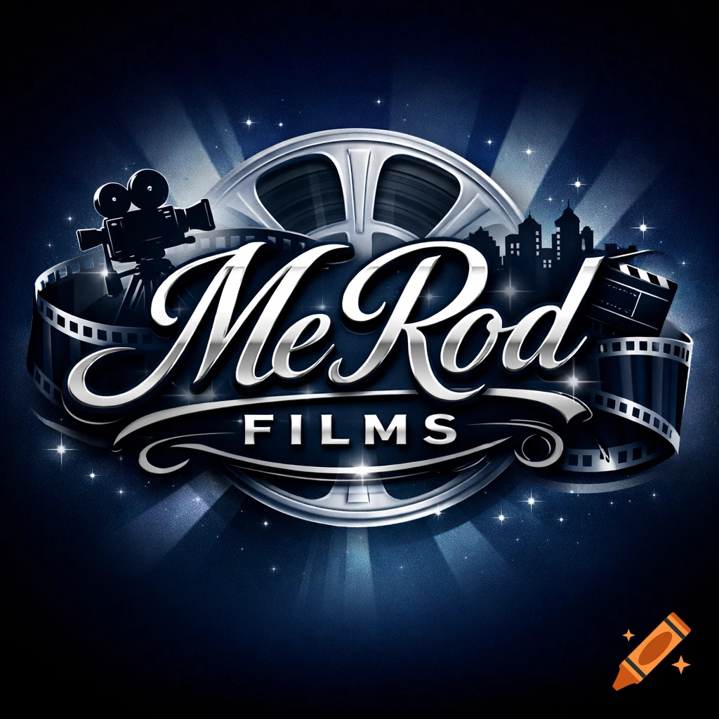 A metallic movie logo features a film reel, camera, clapperboard, and city skyline, with the text "Me Rod FILMS" in a stylized font.