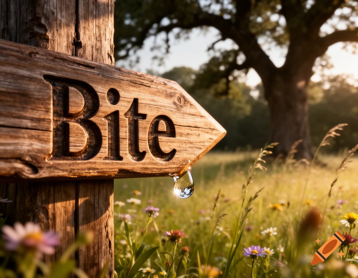 A photorealistic close-up of a rustic wooden sign carved with 'Bite', in a sunny field of wildflowers with a large tree. A water droplet hangs from the sign.