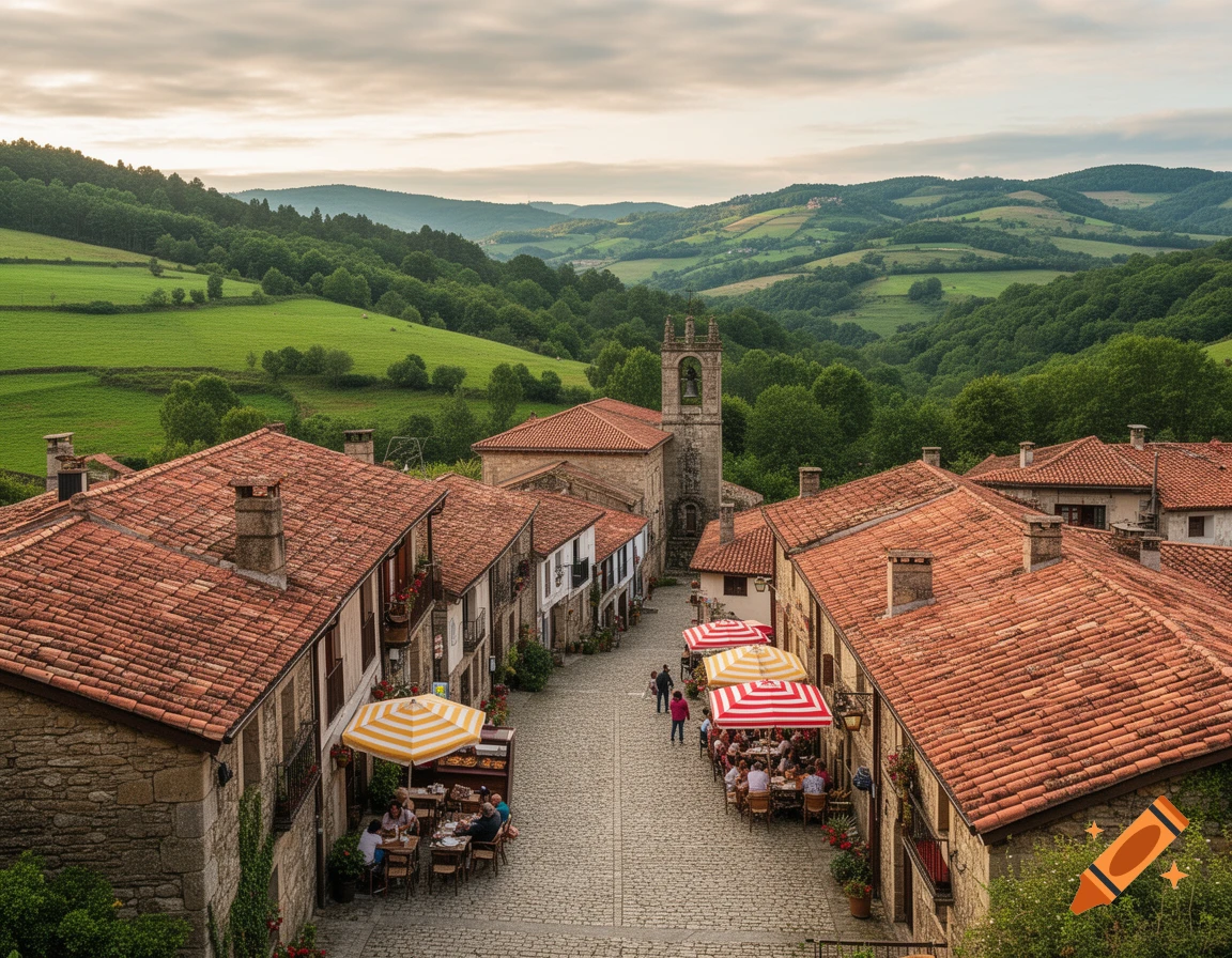 An aerial view of a charming European village with red-tiled roofs, a church bell tower, and people dining outdoors on a cobblestone street, surrounded by lush green hills.