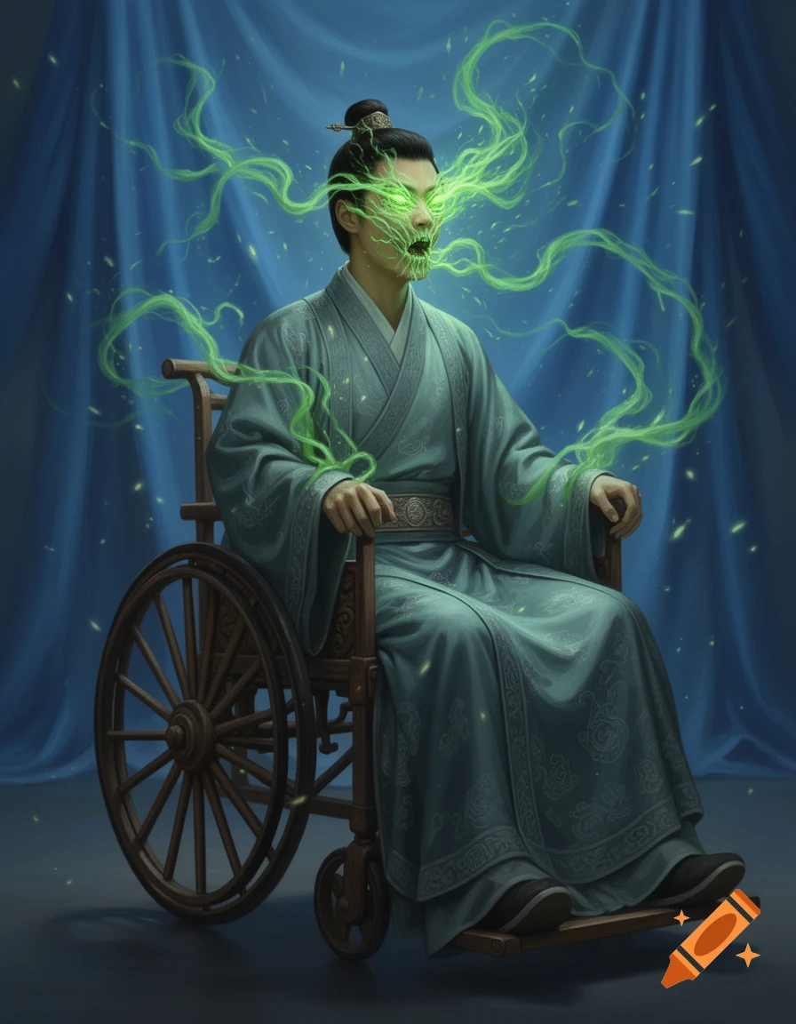 A fantasy portrait of an Asian man in a traditional Chinese robe, sitting in a wooden wheelchair, channeling green energy from his eyes and mouth.
