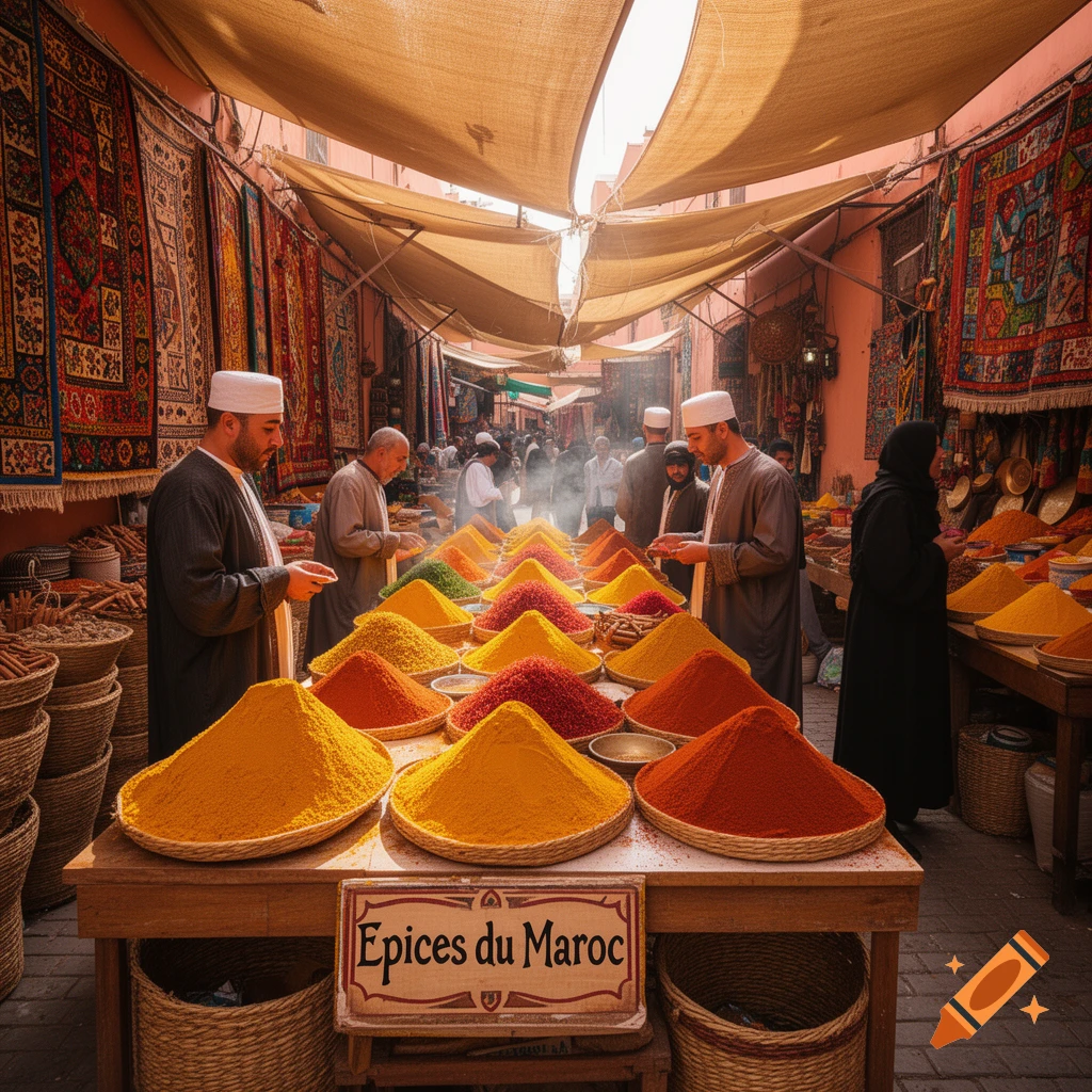 A bustling marketplace with numerous colorful piles of spices on display, attended by people in traditional clothing under a canopy.
