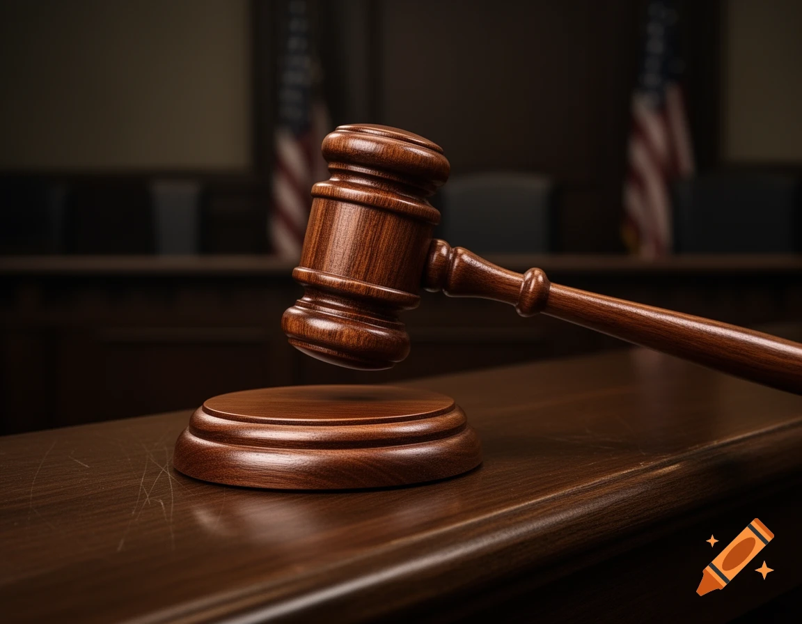 A wooden judge's gavel rests on a polished wooden bench in a dimly lit courtroom, with blurred American flags in the background.