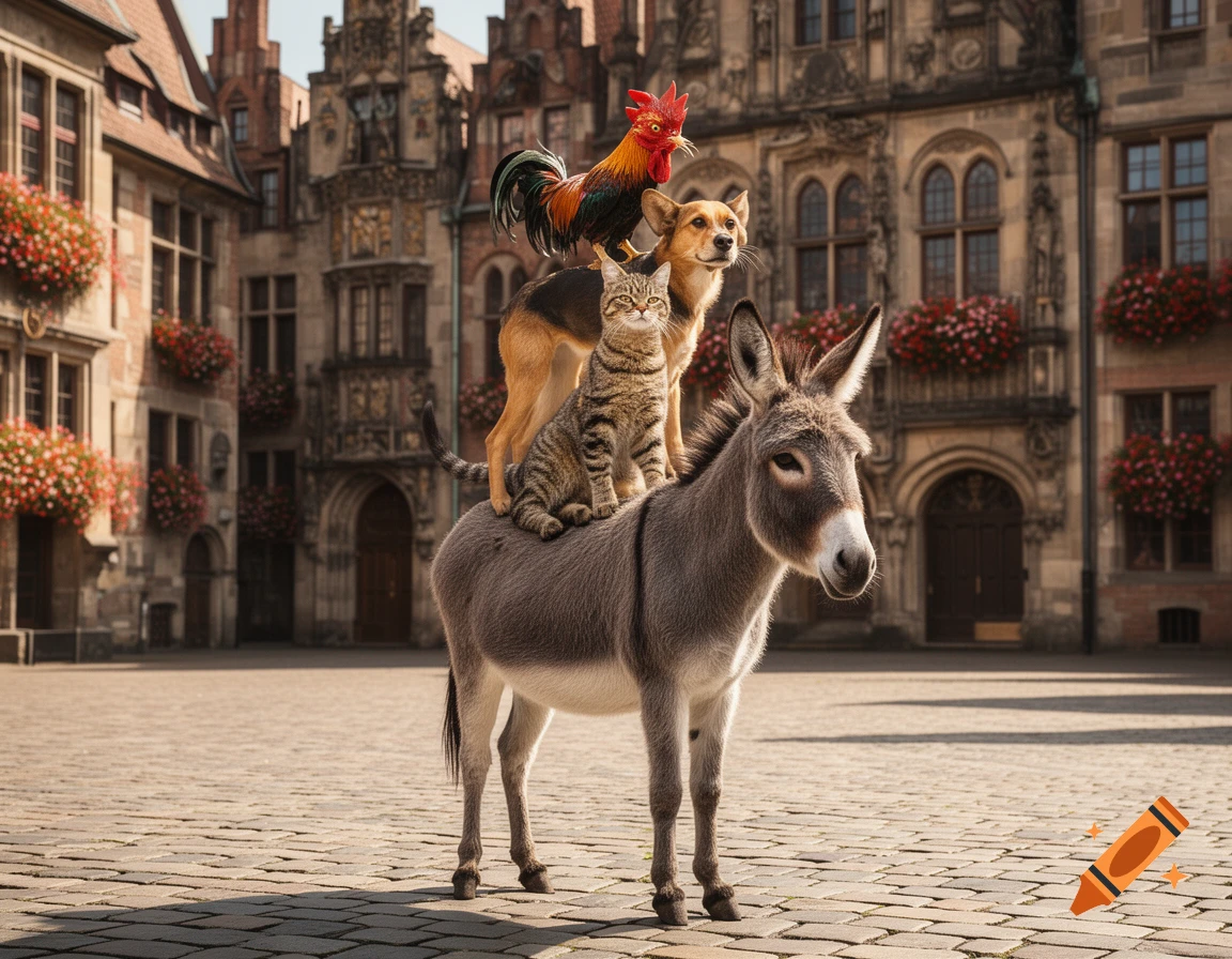 Photorealistic image of a donkey, cat, dog, and rooster stacked atop each other in a cobblestone town square with historic buildings.