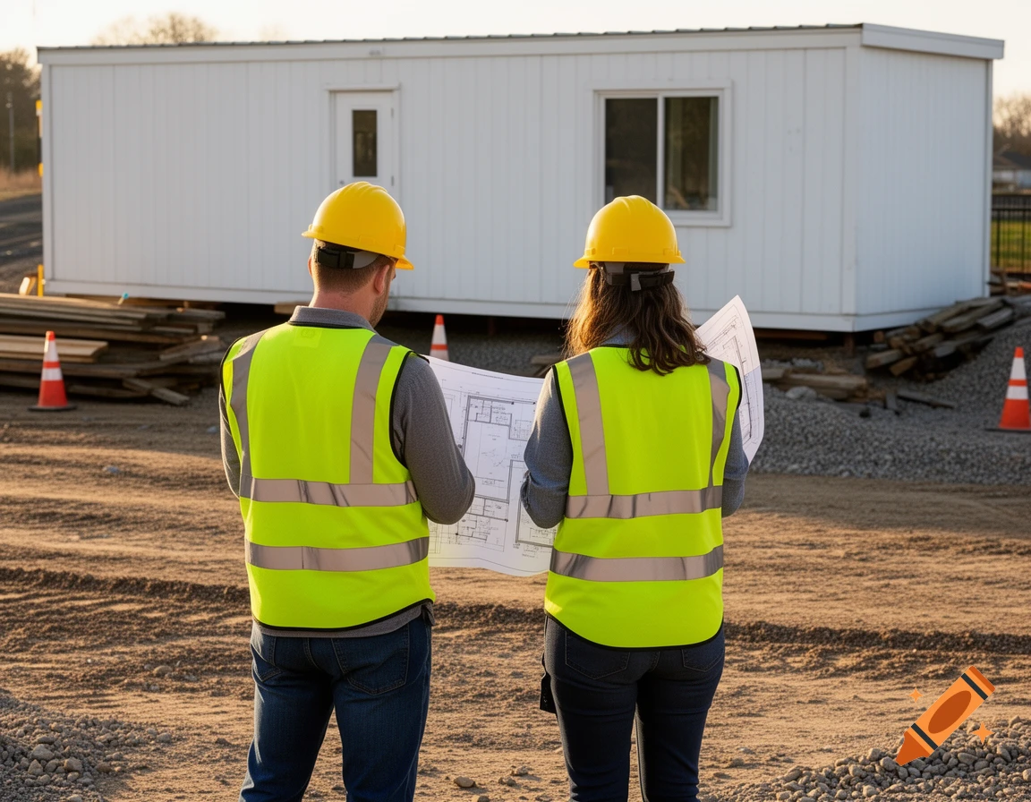 Two construction workers in hard hats and safety vests view blueprints on a dirt construction site with a white trailer in the background.