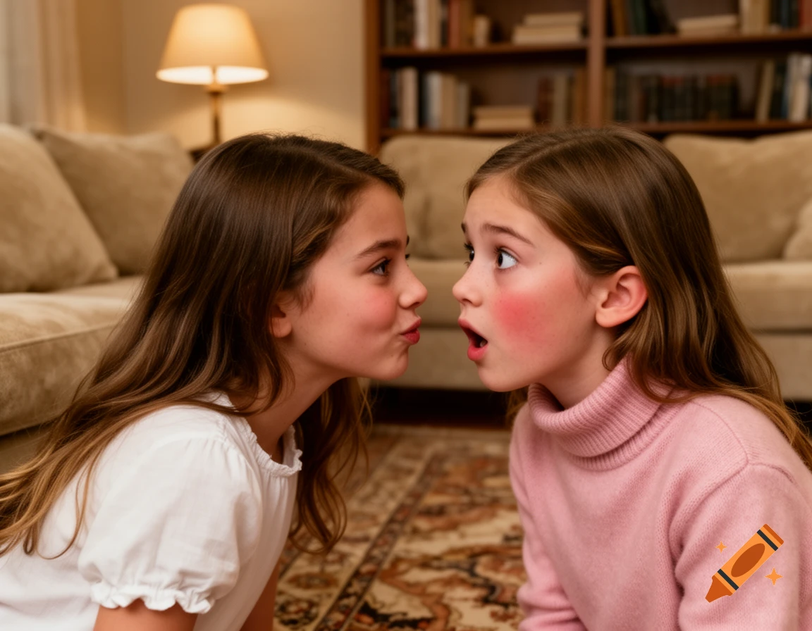 A young girl whispers intently to another girl with a shocked expression on her face, indoors.