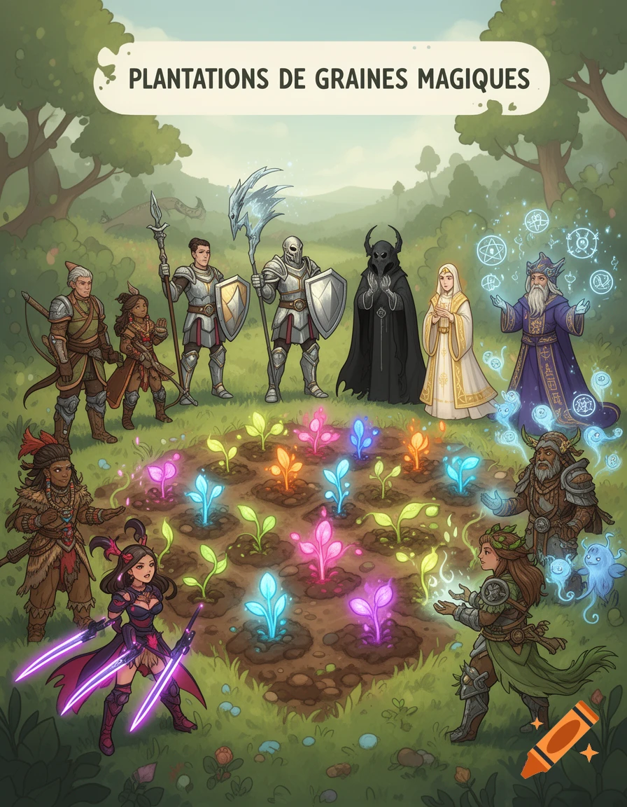 Cartoon fantasy scene with diverse RPG characters, including warriors, mages, and druids, gathered around a field of colorful glowing magical plants.