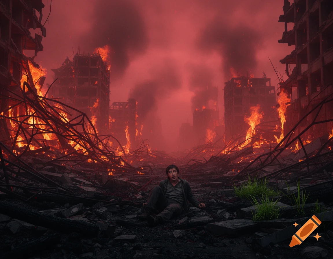 A distressed man sits amidst the burning ruins of a city, engulfed in red smoke and flames, in a photorealistic style.