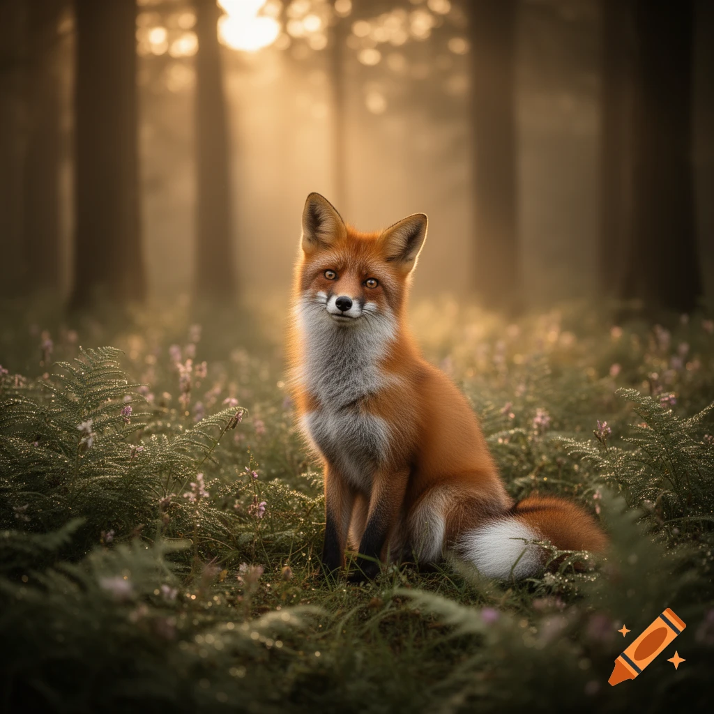 A photorealistic red fox sits in a lush forest with ferns and ...