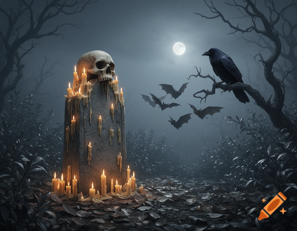 A gothic scene with a skull on a candle-covered stele, a raven on a branch, and bats flying under a full moon in a misty, dark forest.