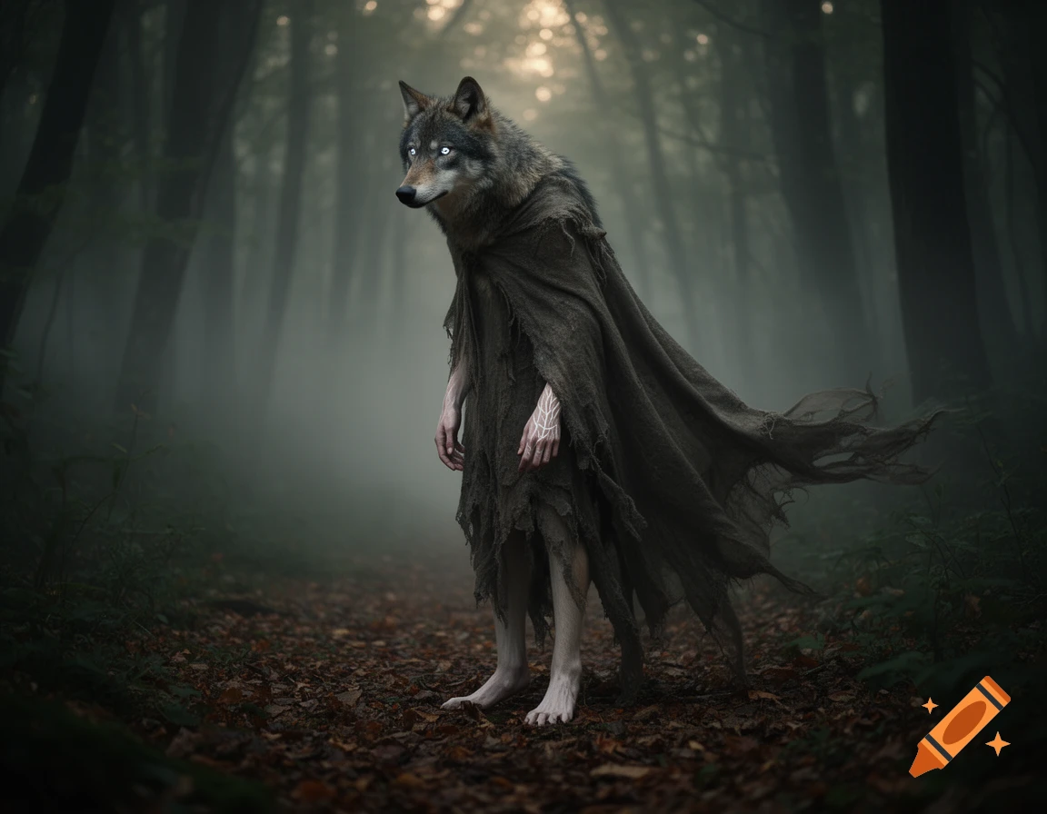 A photorealistic wolf-headed humanoid creature in a tattered cloak stands on a path in a misty, dark forest.