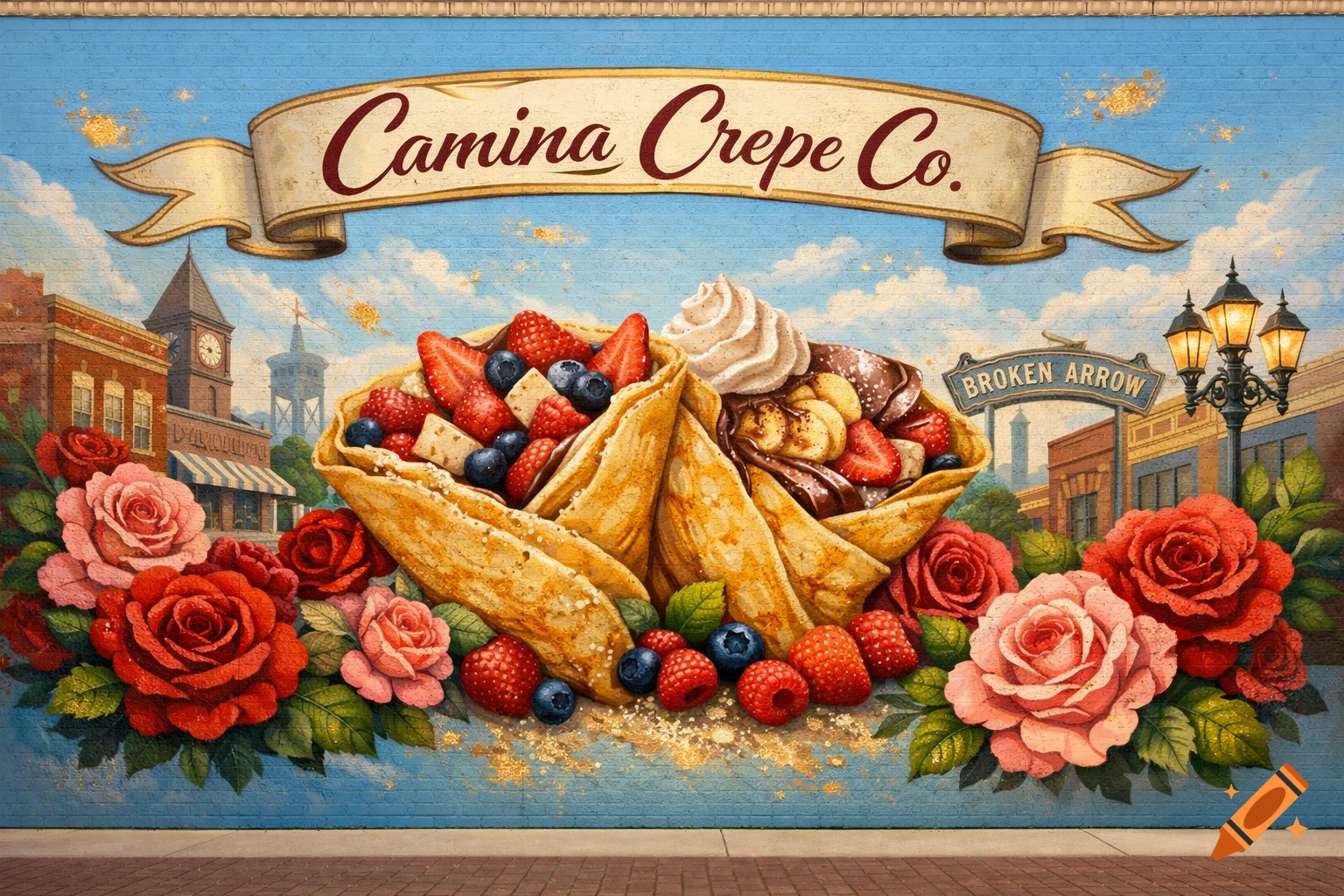 A colorful mural on a blue brick wall depicts two fruit-filled crepes, surrounded by red and pink roses, with a city skyline in the background. A banner reads "Camina Crepe Co." and a sign says "BROKEN ARROW".