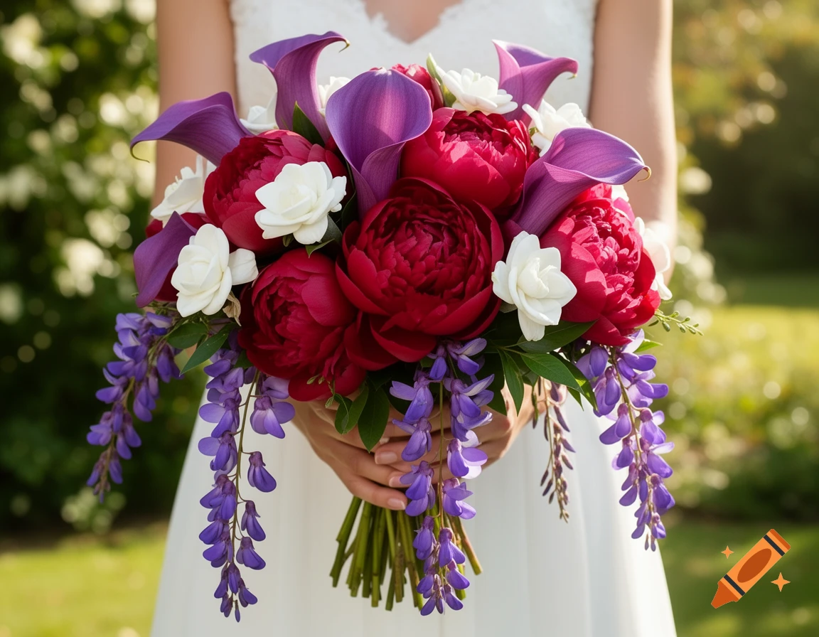 A bride holds a vibrant bouquet of purple calla lilies, crimson peonies, white gardenias, and trailing purple flowers.