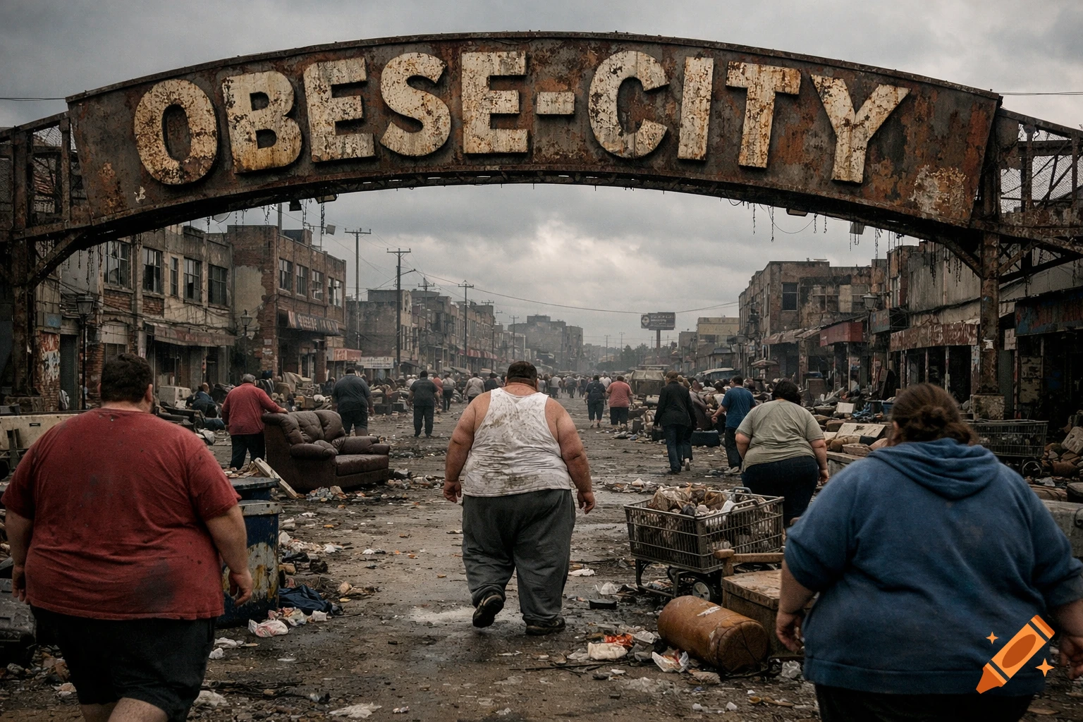 Obese people walk through a desolate, garbage-strewn street in a crumbling city, beneath a rusty sign reading 'OBESE-CITY'.