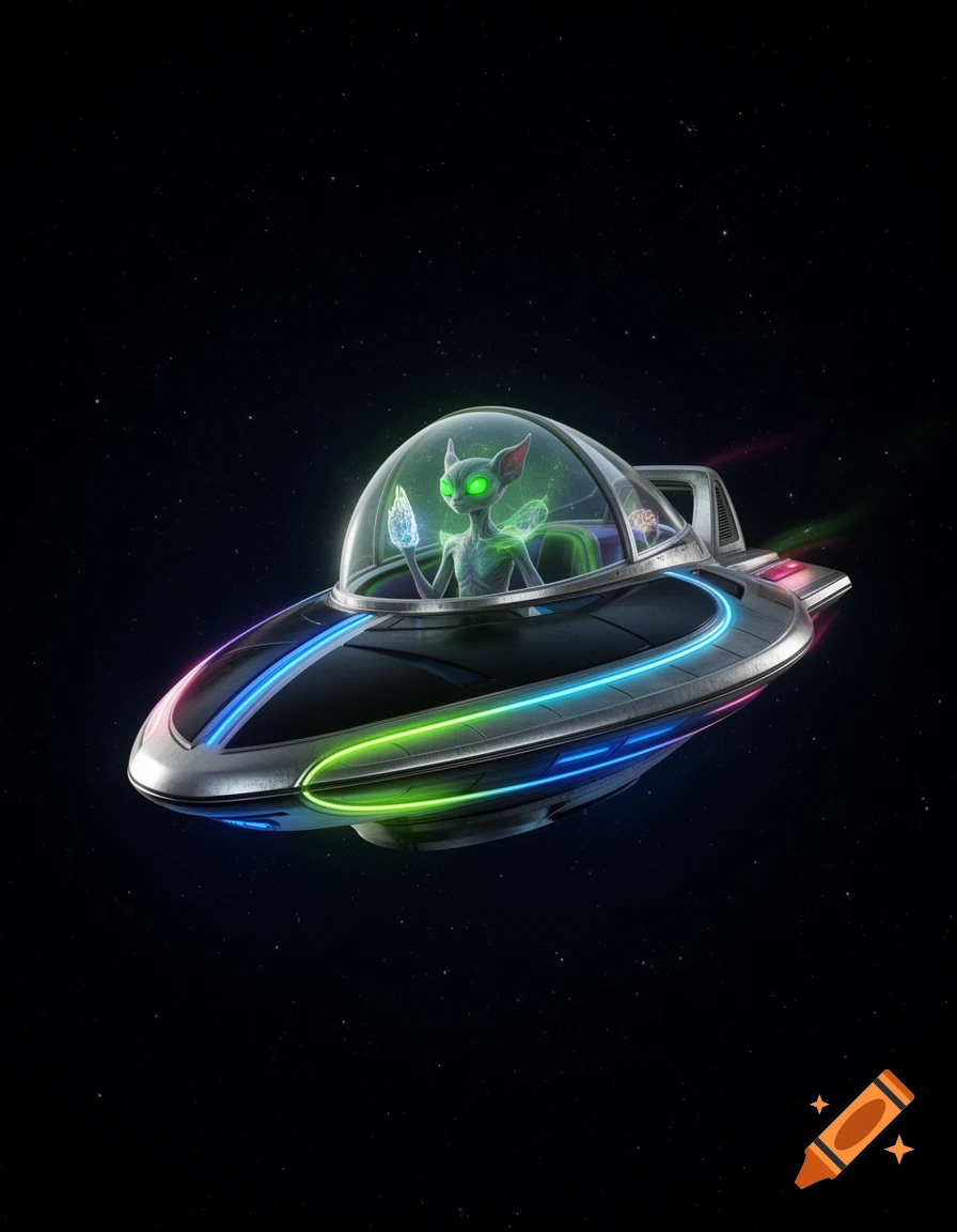 A retro alien in a sleek spaceship with neon lights flies through deep space, holding a glowing artifact.
