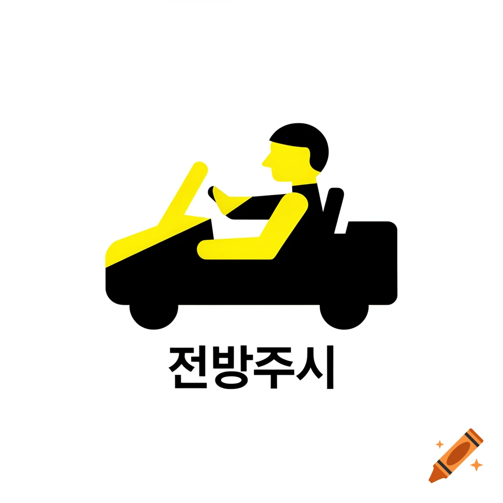 A black and yellow pictogram of a person driving a convertible car, with the Korean text '전방주시' (Look Ahead) centered below it.
