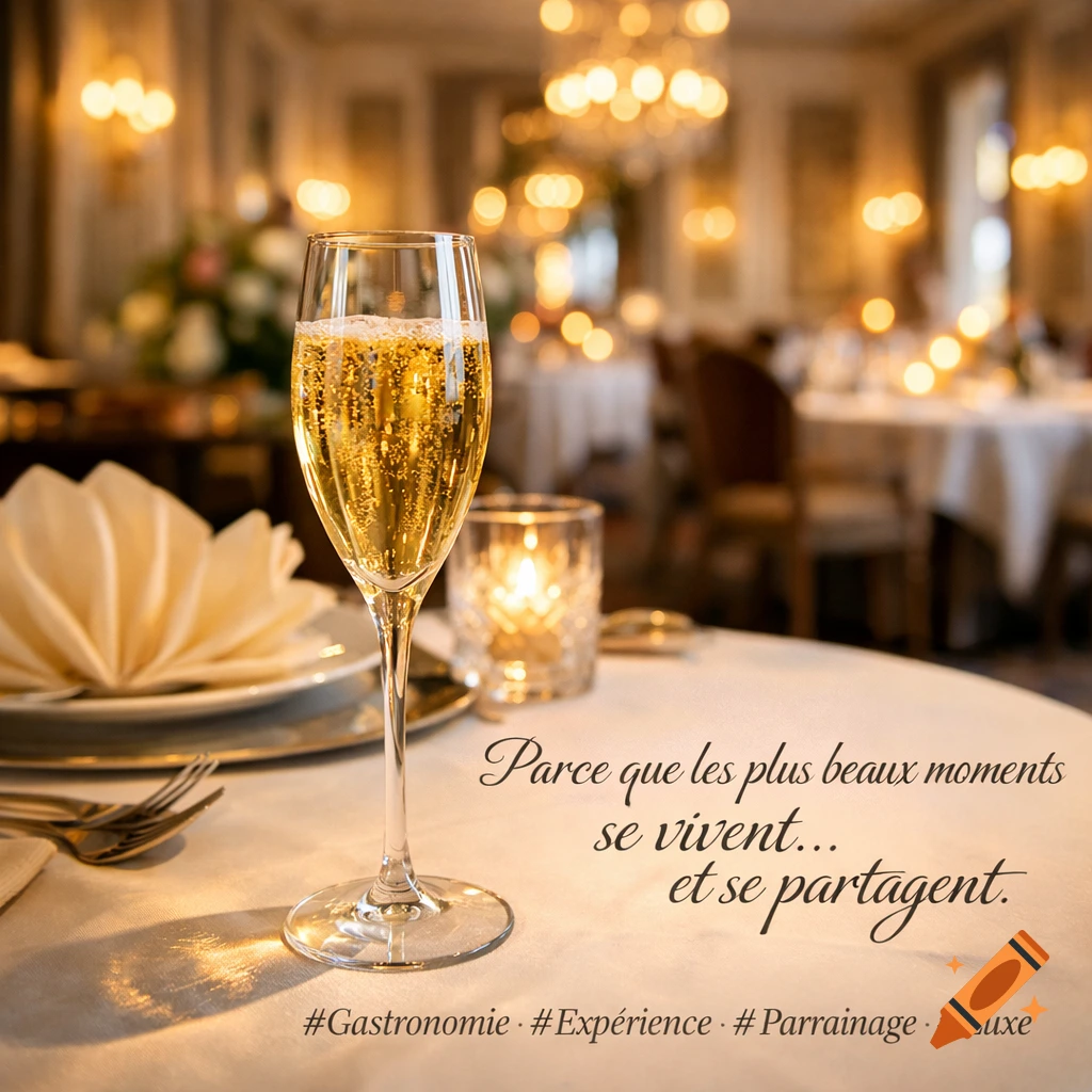 A champagne glass on a white tablecloth in a luxurious restaurant setting with bokeh lights and text overlay.