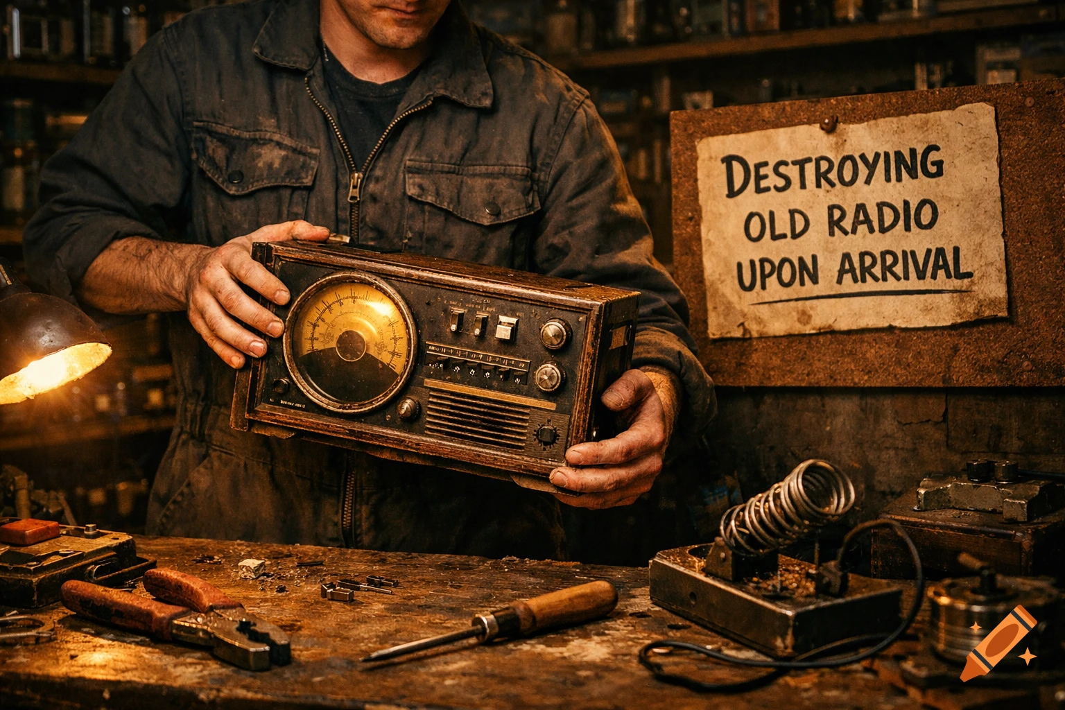 A person holds an old wooden radio in a cluttered workshop with a sign that reads 'Destroying Old Radio Upon Arrival'.