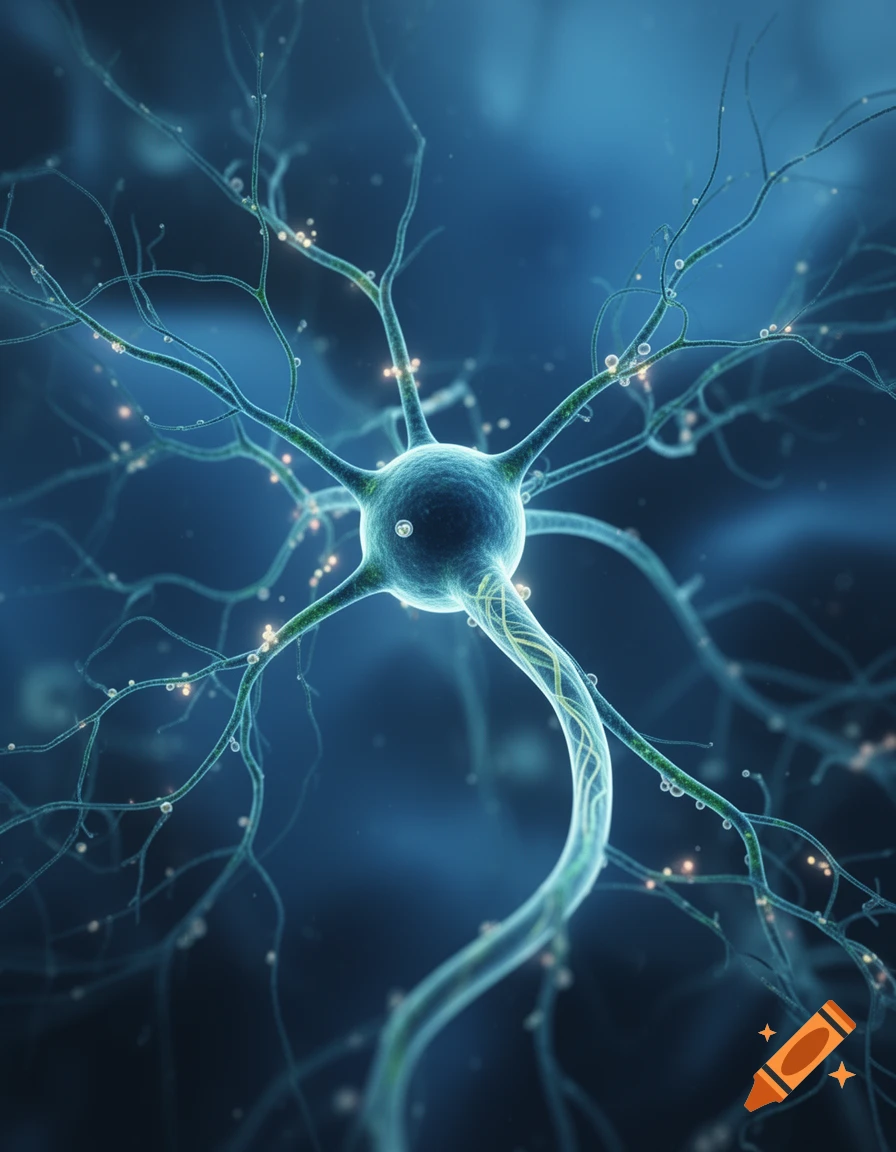 A detailed, glowing 3D rendering of a neuron cell with branching dendrites and an axon, against a deep blue background.