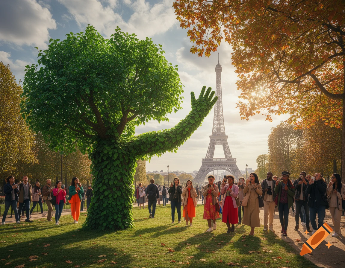 A green tree with a leafy arm waves at people walking through a sunny park in Paris, with the Eiffel Tower in the background.