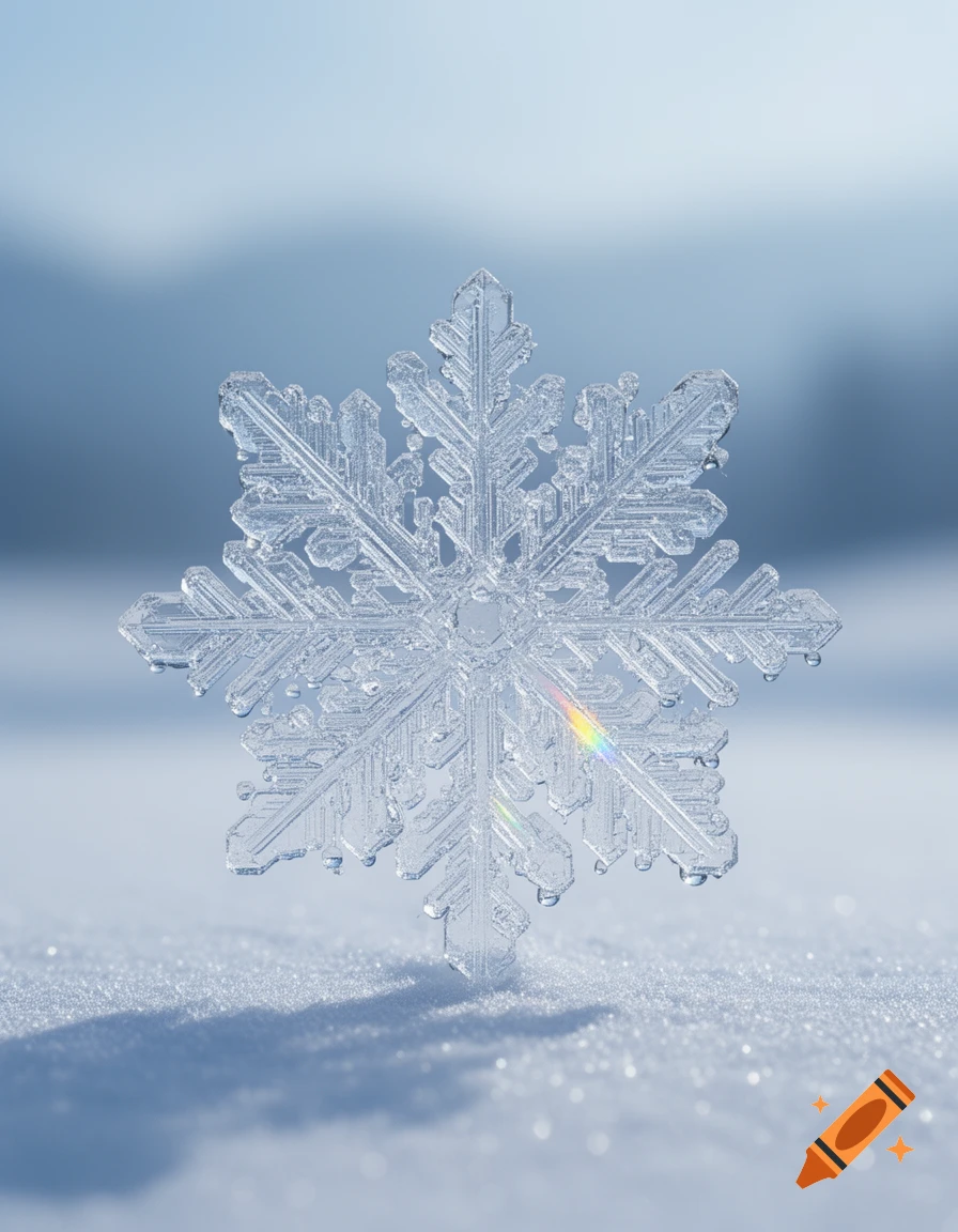 Detailed photorealistic macro view of a single intricate snowflake standing on snow, with a soft blue background and rainbow refraction.