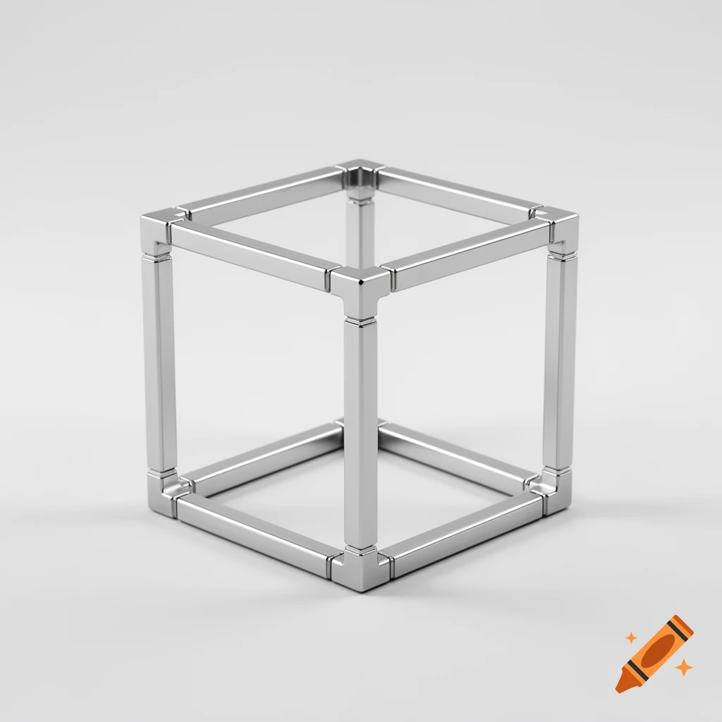 A silver metal cube frame constructed from square tubing and smooth three-way corner connectors, set against a plain white background.