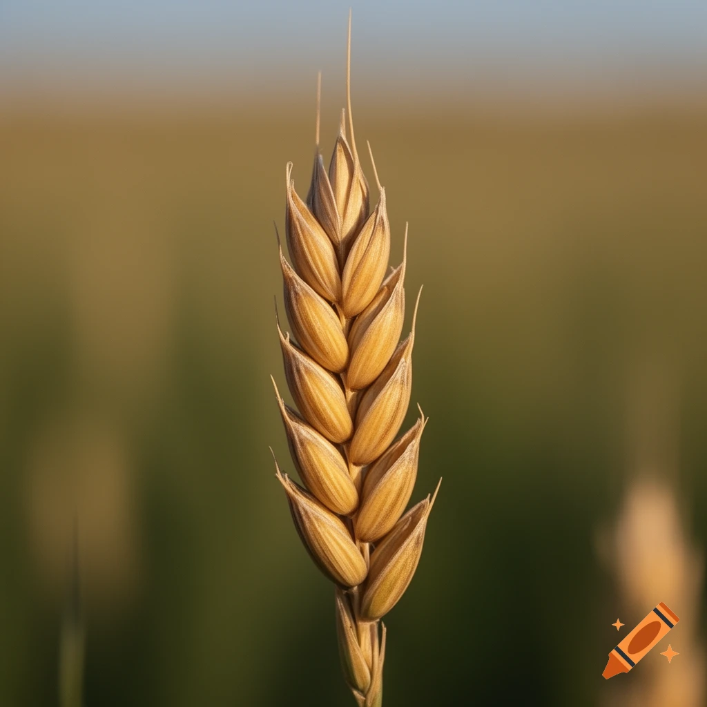 Close-up of a golden ear of wheat against a blurred green and yellow field.
