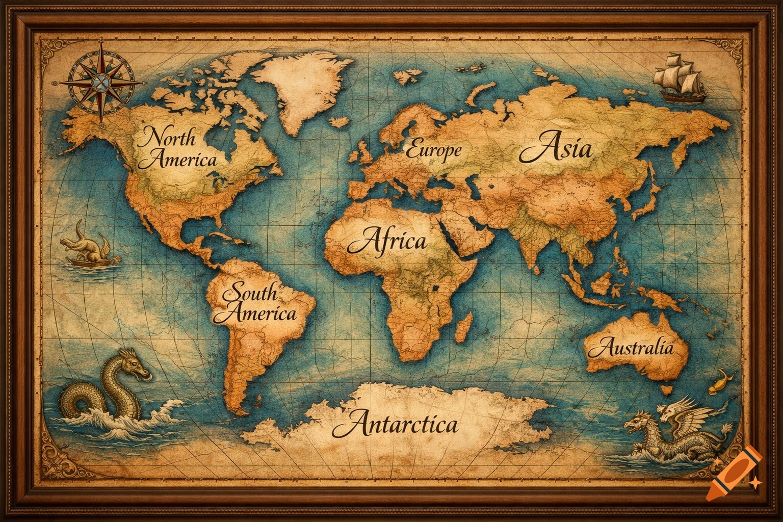 An antique-style world map with all continents labeled, featuring a compass rose, a sailing ship, and sea monsters.