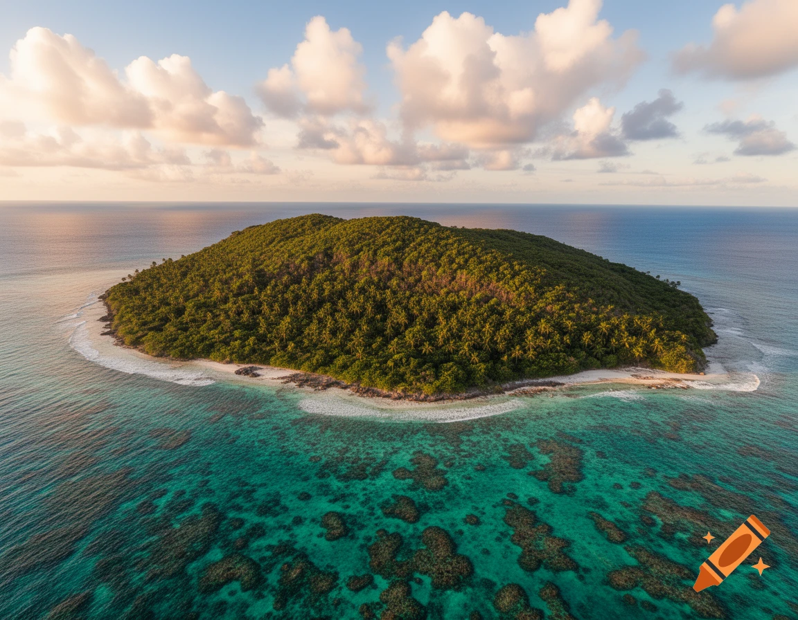 Aerial view of a lush green tropical island surrounded by clear ...