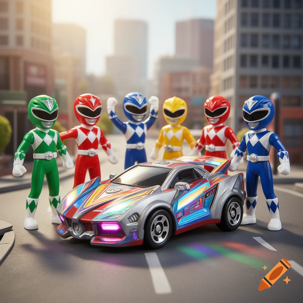 Power Ranger-like toy figures in green, red, blue, and yellow stand around a futuristic, colorful toy car on a street in a city setting.