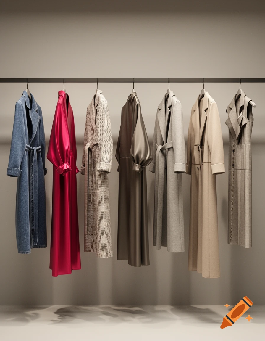 Six diverse coats and dresses, including denim, red satin, and textured fabrics, hang on a minimalist rack in a 3D render.