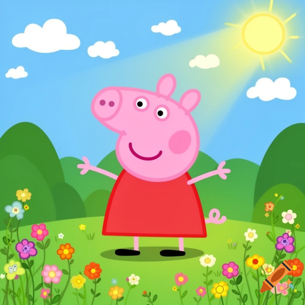 Peppa Pig stands in a vibrant green field filled with colorful flowers under a bright sunny sky with white clouds.
