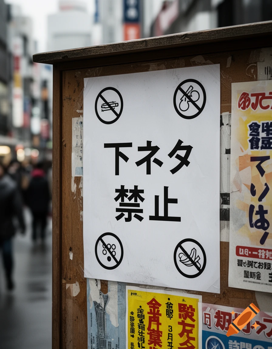 Photorealistic image of a public bulletin board on a Japanese street with a white sign displaying "下ネタ禁止" (No dirty jokes) and various 'no' symbols.