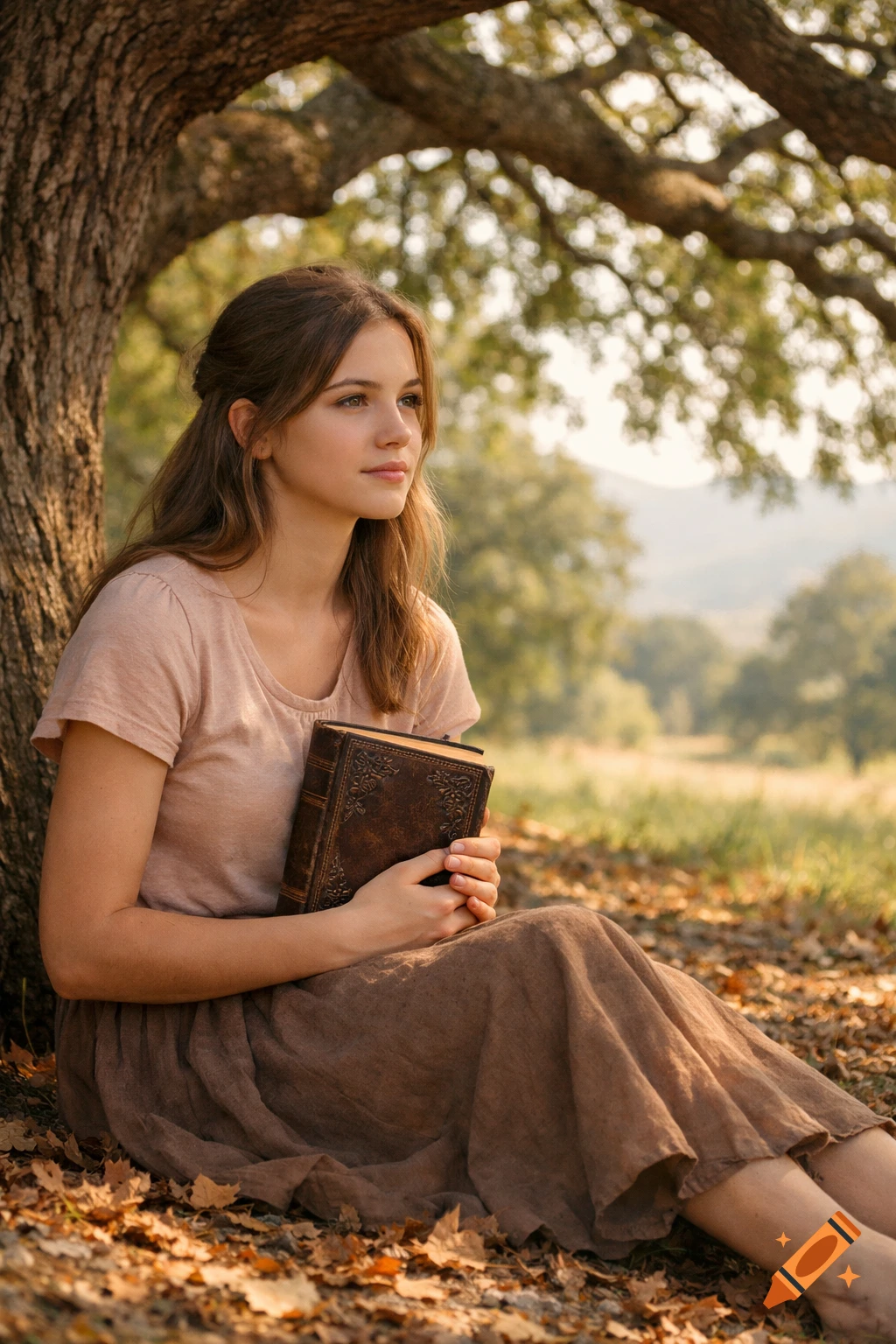 A young girl with long brown hair sits under a large tree, holding an ornate brown book, in a sunny outdoor setting.