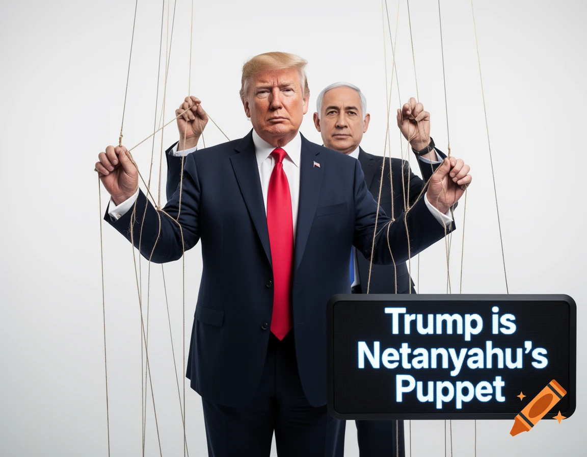 Donald Trump and Benjamin Netanyahu depicted as puppets, with a sign in front reading 'Trump is Netanyahu's Puppet'.