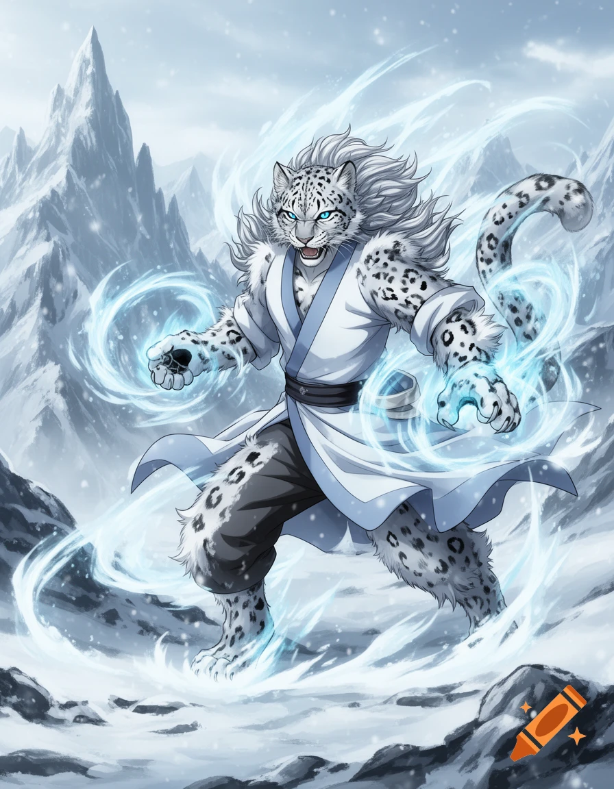 An anthropomorphic snow leopard with white fur and blue eyes, wearing a white gi, emanating blue energy in a snowy mountain landscape.
