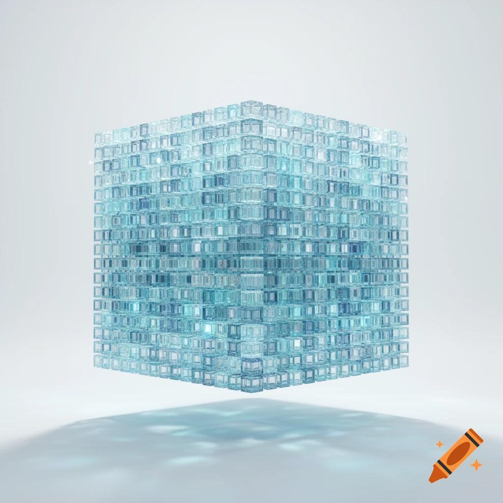 A large, translucent cube composed of many smaller, light blue and clear cubes, casting a patterned shadow on a white surface.