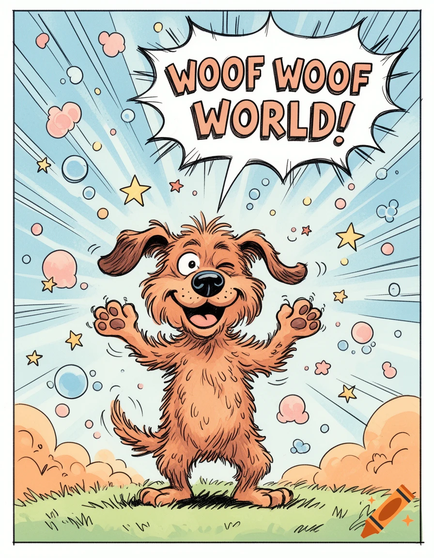 Cartoon of a happy, winking brown dog with paws raised, standing in grass under a light blue sky with stars and bubbles. Speech bubble says "WOOF WOOF WORLD!"