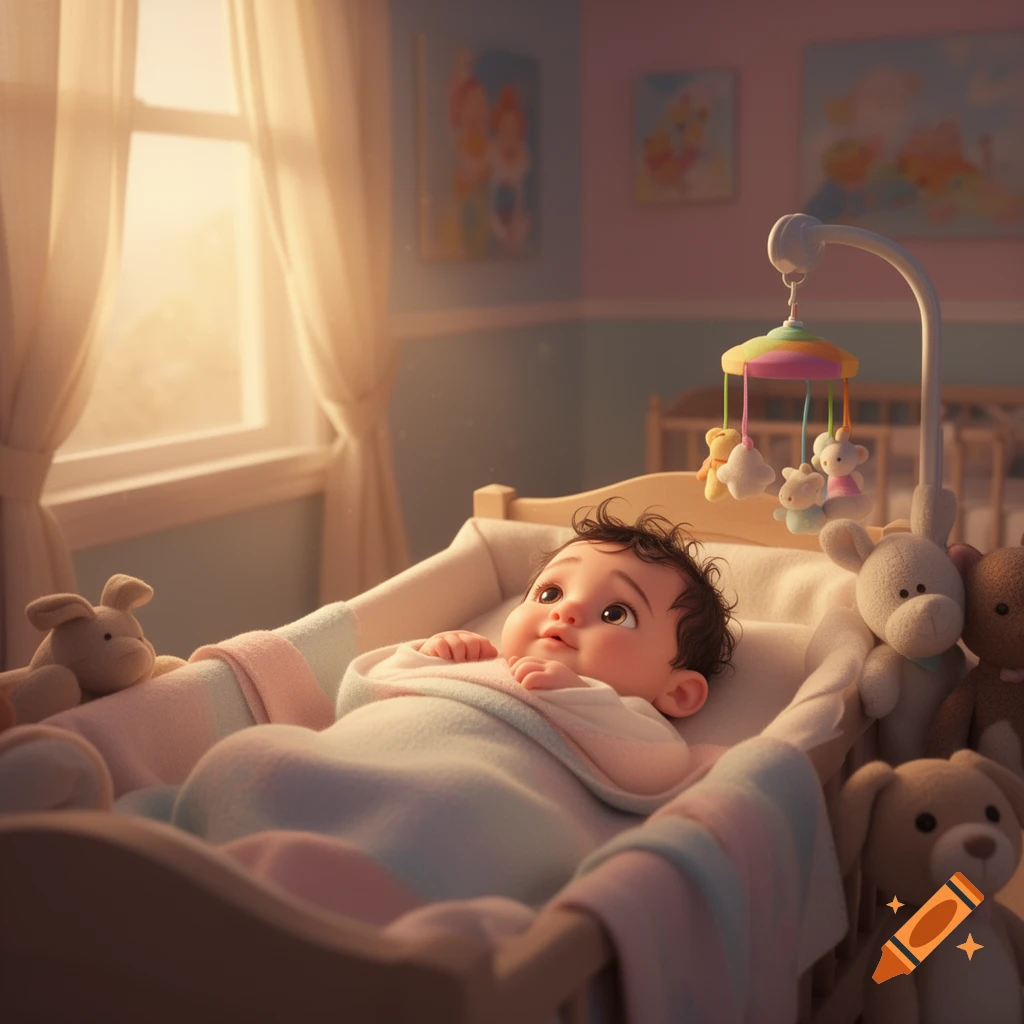 Cute baby with dark hair lies in a crib in a sunny nursery, looking up at a colorful mobile and surrounded by stuffed animals.
