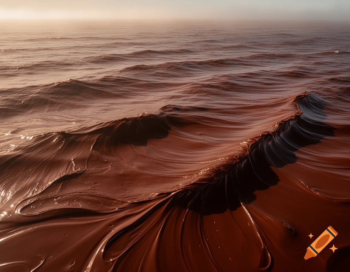 An aerial view of an ocean with flowing waves made of rich, dark chocolate under a hazy, golden sky.