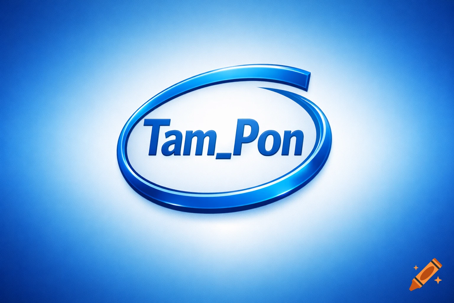 A glossy blue 3D oval logo featuring the word 'Tam_Pon' in the center, set against a light blue gradient background.